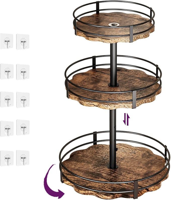 Heavy-Duty 3-Tier Lazy Susan Organizer, Adjustable to Different Heights, Countertop Spice Rack, Upgraded Thickened Wooden Board, Suitable for Seasoning Organizer, Kitchen Organization