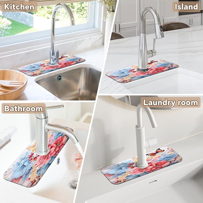 Pastel Flower Fusion Kitchen Faucet Mat Splash Guard, 15.4”x5.7” Absorbent Quick Drying Sink Mat for Countertop Protection, Draining Mat Sink Protectors For Kitchen Bathroom, 2 Pack