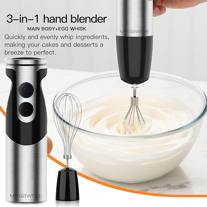 3-in-1 Immersion Hand Blender, Powerful MOTOR 12-Speed Stick Blender with Sturdy Titanium Plated Stainless Steel Blades
