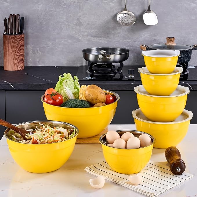 Onlycooker Yellow Mixing Bowls With Airtight Lids,Stainless Steel Bowl,Salad Bowls 7 Piece Colorful Nesting Bowl Yellow Kitchen Accessories,Size 7,3.6,2.7,2.1,1.5,1.1,0.8QT Stackable Design