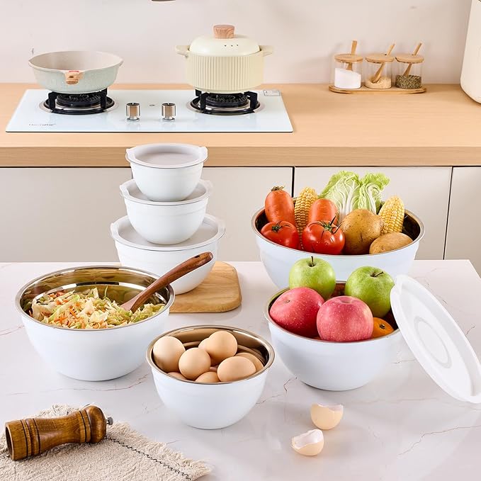 Moxinox White Mixing Bowls with Airtight Lids, Stainless Steel Nesting Mixing Bowls Set of 7, Ideal for Baking, Prepping and Serving Food, Size 7, 3.6, 2.7, 2.1, 1.5, 1.1,0.8 QT, Stackable Design