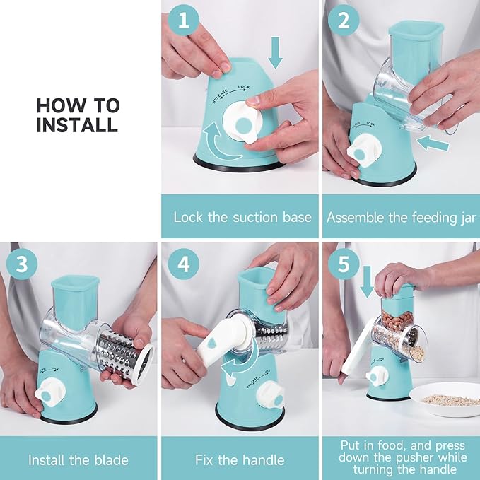 REDPANT Rotary Cheese Grater, Cheese Grater Hand Crank with 3 Interchangeable Blades, Manual Cheese Shredder with Strong Suction Base, Easy to Use and Clean, Blue