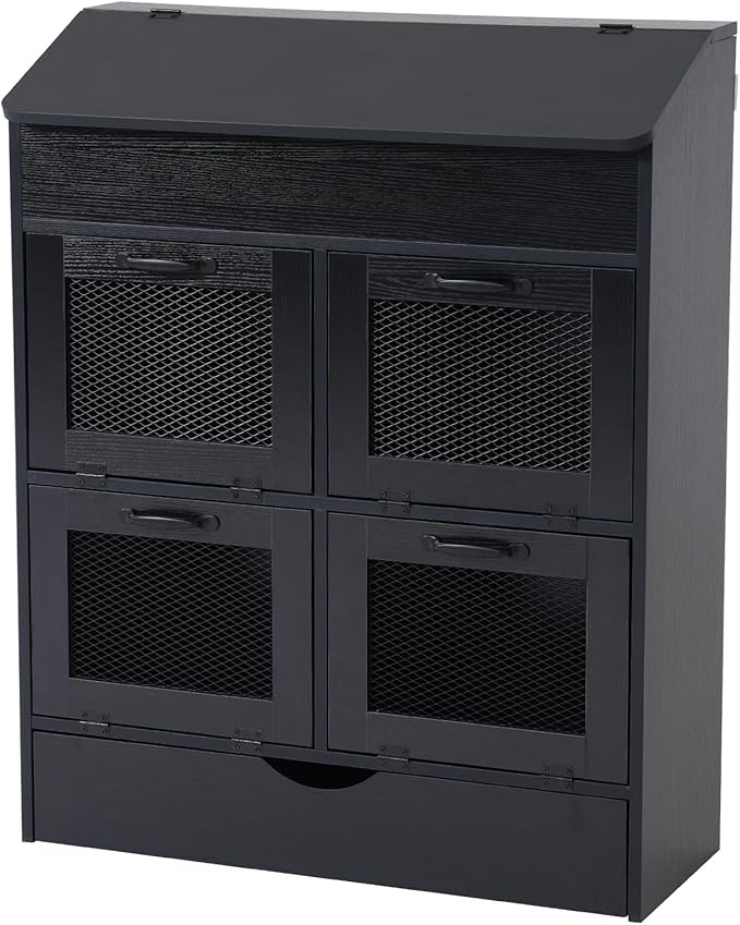 Verano Garden Large Potato Storage Bin, Wooden Bread Box with Lid, Potato and Onion Storage Bin with 4 Mesh Doors & Removable Drawer, Fruit and Vegetable Storage Rack for Pantry Kitchen (Black, 31.5")