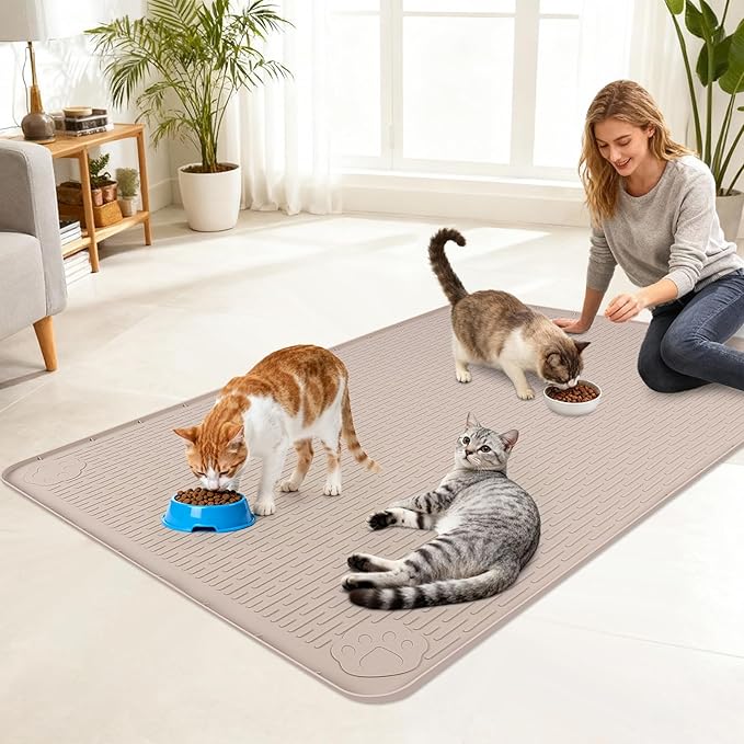 Lanstics Cat Food Mat, 40" x 28" Large Silicone Mat Cat Feeding Mat with Raised Edge Non-Slip Pet Feeding Mat for Food and Water Bowl, Easy to Clean, Floor Protection (Khaki)