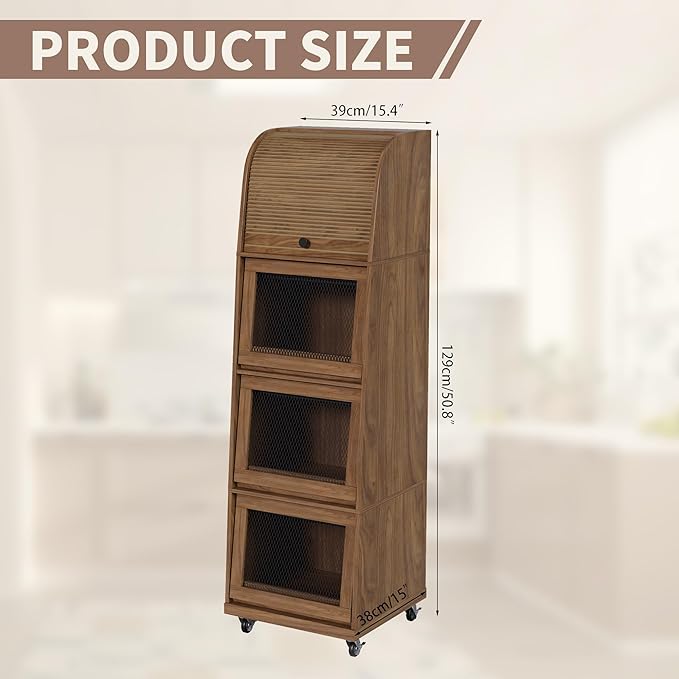 4 Tier Large Potato Storage Bin, Tall Wood Potato and Onion Storage Bin with Wheel, Movable Fruit and Vegetable Basket, Food Small Kitchen Pantry Cabinet, Wooden Bread Box, Walnut, Sliding Door