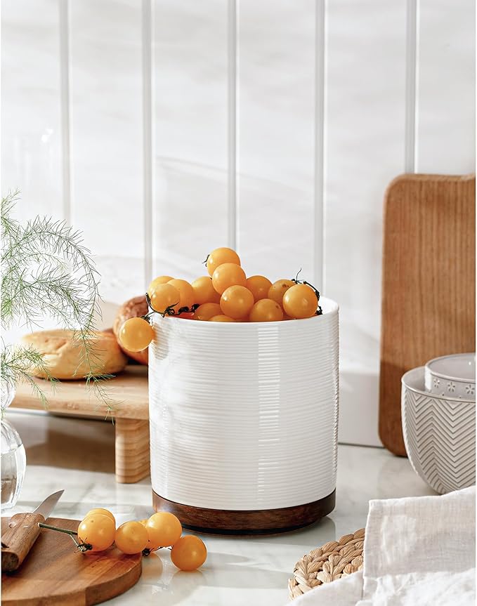 MIKIGEY Utensil Holder, 360° Rotating Extra Large Ceramic Kitchen Utensil Holder for Countertop, 7.3“ Cooking Utensil Crocks for Kitchen Counter with Rotatable Wooden Base, Farmhouse Decor, White