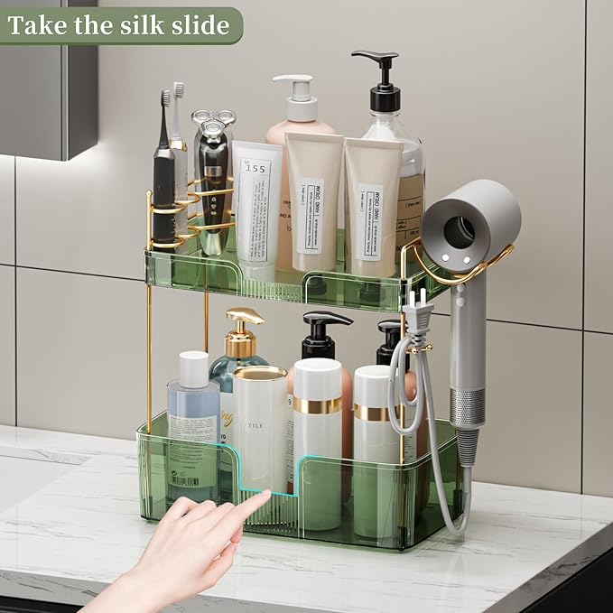 Akinbas 2 Tier Bathroom Organizer Countertop Makeup Perfume Tray Skincare Organizer Comes with Hair Dryer Rack and Toothbrush Holder for Bathroom Dresser Vanity (Green)