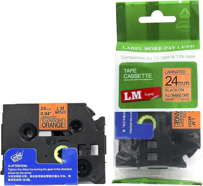 6/Pack LM Tapes - LMe-B51 Premium 1" Black Print on Bright Orange Label Compatible with Brother TZe-B51 P-Touch and Includes Tape Color/Size Guide. Replaces TZB51 24mm 0.94 Laminated