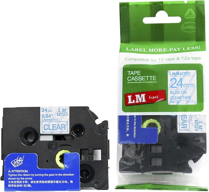 1/Pack LM Tapes - LMe153 Premium 1" Blue Print on Clear Label Compatible with Brother TZe-153 P-Touch and Includes Tape Color/Size Guide. Replaces TZ-153 24mm 0.94 Laminated Ptouch.