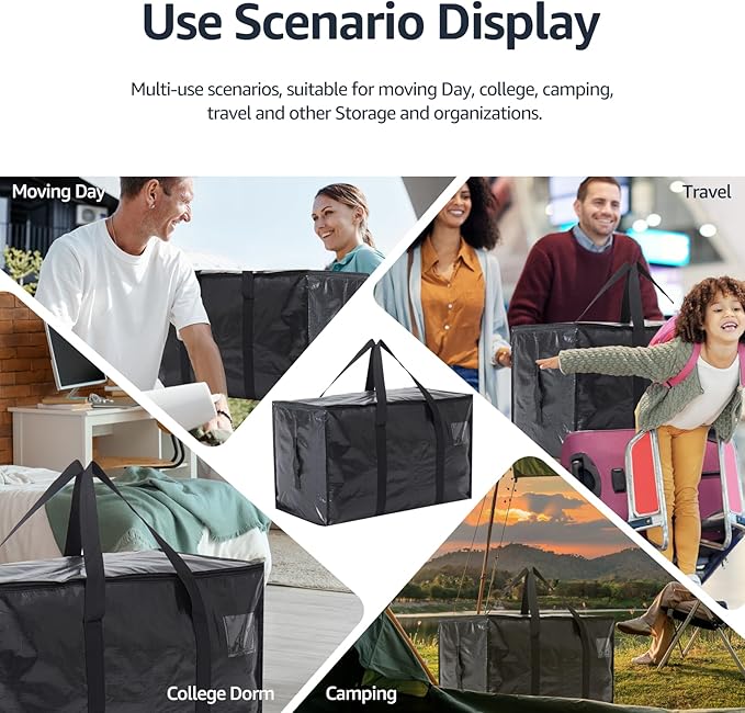 Moving Bags Heavy Duty Extra Large, Moving Boxes, Moving Supplies Essentials, Blue Storage Bins with Lids, Plastic Packing Totes, Storage Bags for Clothes with Handles & Zippers(Black, 8 Pack)