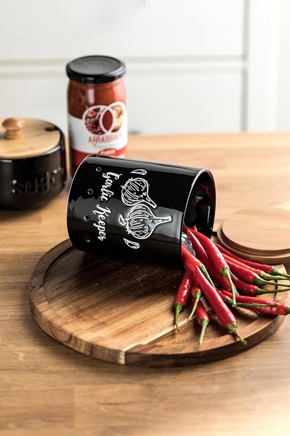 LYEOBOH Garlic Keeper, Garlic Storage, Garlic Holder, Ceramic Garlic Container with Wood Lid, Farmhouse Garlic Keeper for Counter, Garlic Saver for Kitchen, Black