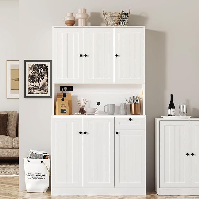 71" Pantry Cabinet with Charging Station, Tall Kitchen Pantry Storage Cabinet with Microwave Stand, Farmhouse Kitchen Hutch with Storage Drawer for Living Room, Dining Room, White