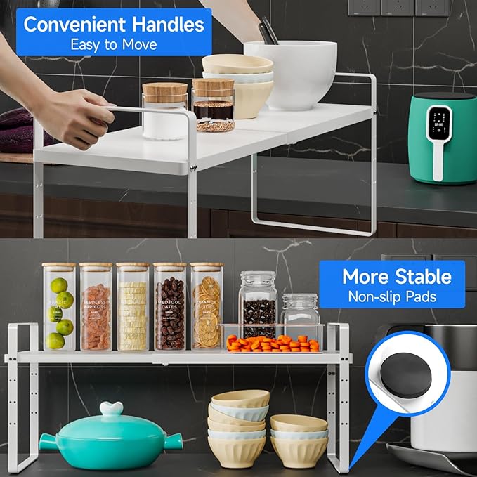 KIKIBRO Expandable Cabinet Shelf Organizer, Stackable Kitchen Pantry Counter Storage, Adjustable Closet Cupboard Stand Rack Risers Spice Organization 80LBS Heavy Duty White 3 Pack