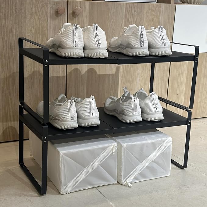 BAUCCA Set of 2 Expandable Cabinet Shelf Organizer, Black Kitchen Countertop Shelves, Stackable Metal Pantry Storage Organizer for Cupboard, Spice Rack