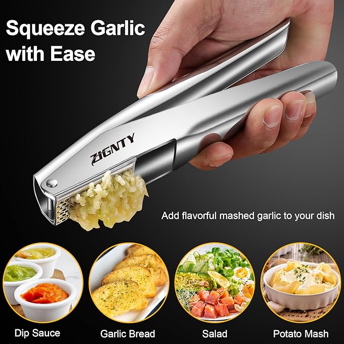 ZIGNTY Garlic Press Stainless Steel,Professional Garlic Mincer Tool No Need to Peel,Dual Lever-Assisted Garlic Masher with Large Chamber,High Effective Garlic Crusher & Garlic Presser Dishwasher Safe