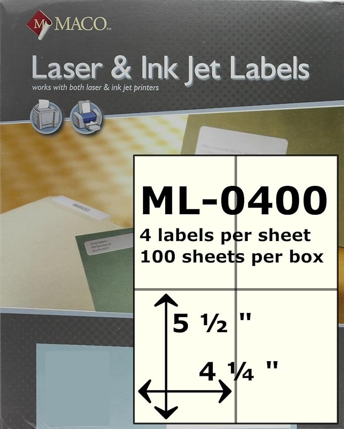 Cover-All Printable Labels for Shipping - Laser/Ink Jet Compatible Shipping Labels, 4 per Sheet, 5-1/2" x 4-1/4", Box of 100 Pages/400 Labels, White