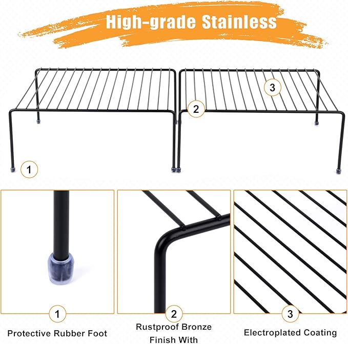 Medium (13.1 x 10.2 Inch) Cabinet Storage Shelf Rack , Kitchen Shelves,Kitchen Counter and Cabinet Shelf, Storage Rack Organizer for Kitchen, Fridge, Cabinet, Bathroom Cupboard& Pantry (4, Black)