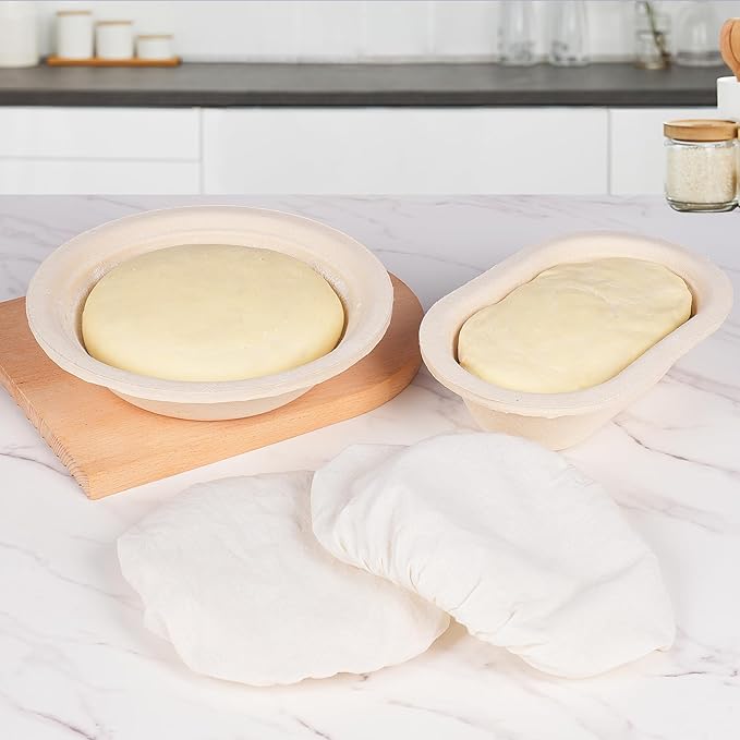 Non-Stick 10" Oval Wood Pulp Banneton Bread Proofing Basket Set Of 2, Sourdough Banneton Basket Kit, Bread Making Tool Sourdough Starter Kit with Proofing Bowl, Cover, Dough Whisk, Lame, Scraper
