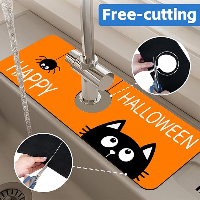 Halloween Cute Black Cat Kitchen Sink Splash Guard Mat Absorbent Fast Drying Mat Faucet Draining Mat Sink Splash Guard Behind Faucet Drip Catcher for Kitchen Bathroom 5.5"×15"