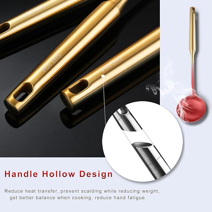 NIITAWH Gold Kitchen Utensils Set 18/10 Stainless Steel, 9 PCS All Metal Cooking Utensils Set 15" with Solid and Slotted Spoon, Fork, Spatula, Ladle, Skimmer, Slotted Tunner, Spaghetti and Large Spoon