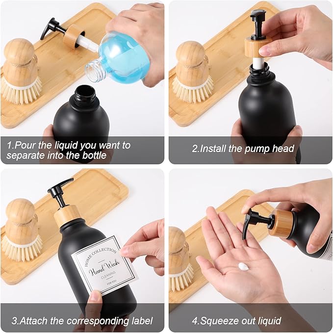Zopeal 4 Pcs 16 oz Kitchen Soap Dispenser Set with Bamboo Tray and Dish Brush Plastic Soap Dispenser Set with Waterproof Labels for Hand Dish Lotion(Frosted Black)