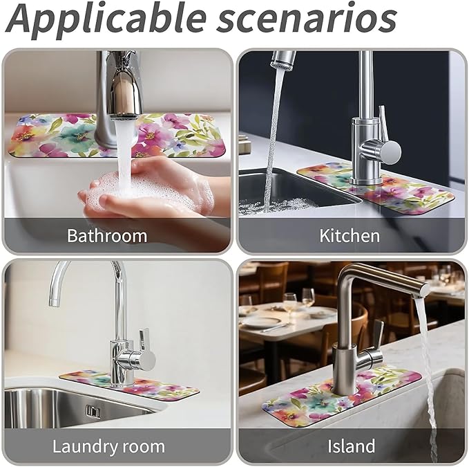 Kitchen Sink Splash Guard,Bright soft flowers Faucet Mat Sink Gadgets-Super Absorbent Fast Drying Mat Drip Catcher for Kitchen, Bathroom,Sink Mat, Dish Drying Mat, Bathroom(15" X 5.5" )