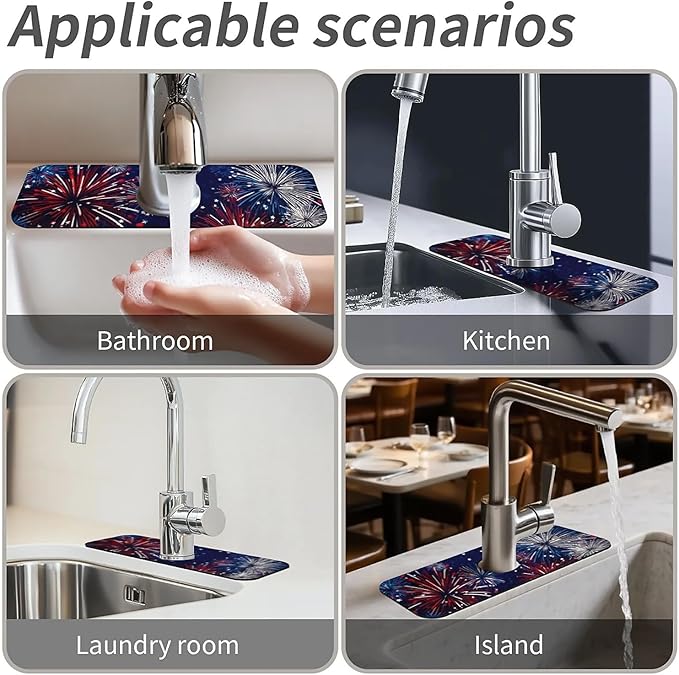 Kitchen Sink Splash Guard,Fireworks Faucet Mat Sink Gadgets-Super Absorbent Fast Drying Mat Drip Catcher for Kitchen, Bathroom,Sink Mat, Dish Drying Mat, Bathroom(15" X 5.5" )