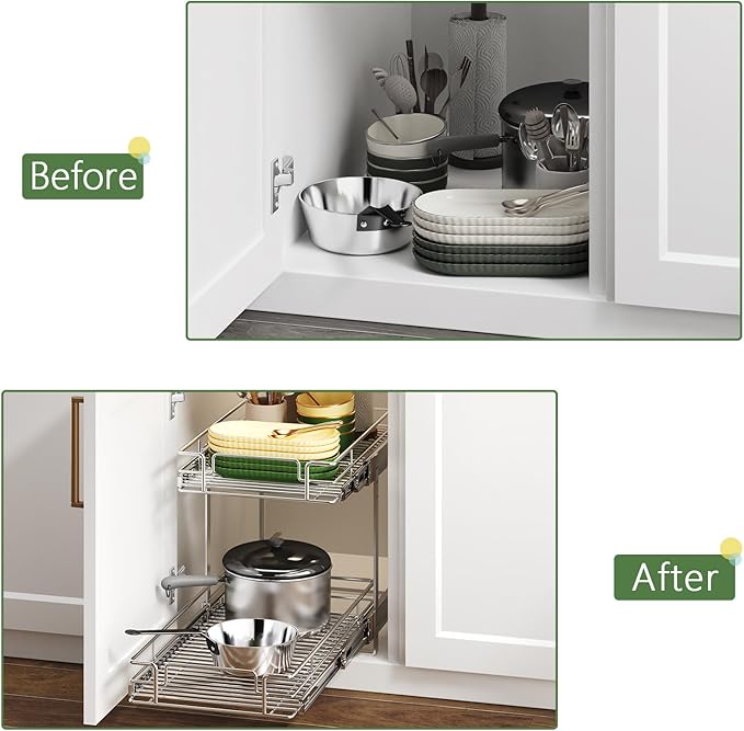 MODCART 2 Tier Individual Pull Out Cabinet Organizer 16½" W x 21½" D, Heavy Duty Cabinet Pull Out Shelves, Slide Out Drawers Organization for Kitchen Cabinets Bathroom