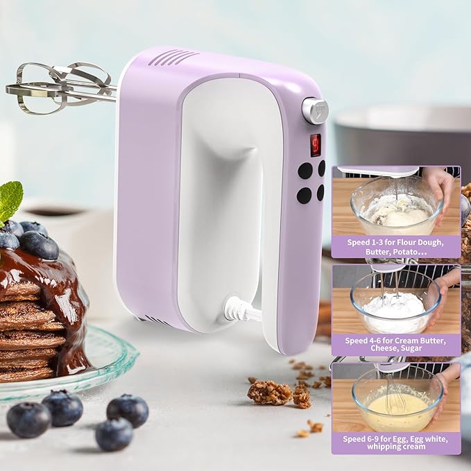 Yomelo 9-Speed Digital Hand Mixer Electric, 400W Powerful DC Motor, Hand Mixer Electric Handheld with Snap-On Storage Case, 5 Stainless Steel Accessories, Beaters, Dough Hooks, Whisk(Lilac Purple)
