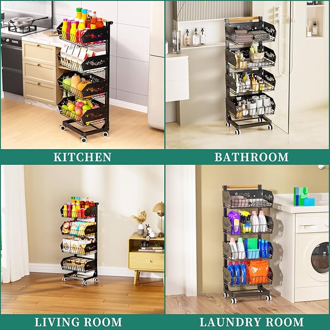 Heavy 4-Tier Snack Cart with Wheels ,Removable Rolling Pantry Floor Organizers ,Upgraded Wider and Thicker, Kitchen Fruit Basket Stand and Storage Rack for Fruit Snack Onion Potato