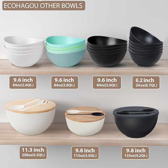ECOHAGOU 12.6" Extra Large Salad Serving Bowl Set with Wooden Lid&Utensils, 8.4Qt., Bamboo Fiber Salad Bowl with Servers for Kitchen, Big Bowl for Mixing Salad,Fruit,Pasta (Matte Black)
