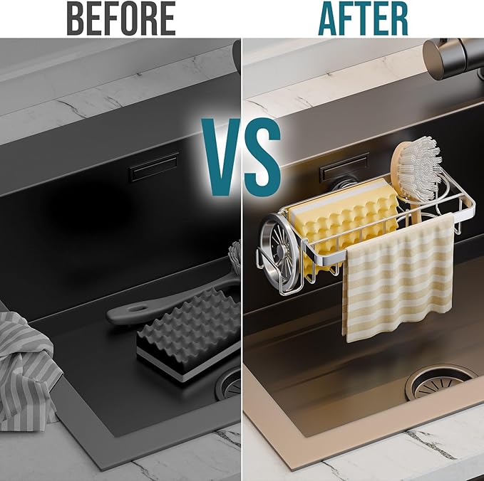 TAILI Sponge Holder with Strong Suction Cup, 4-in-1 Rustproof Sink Organizer - Sink Caddy Holds Sponges, Brushes, Stoppers & Scrapers -Silver