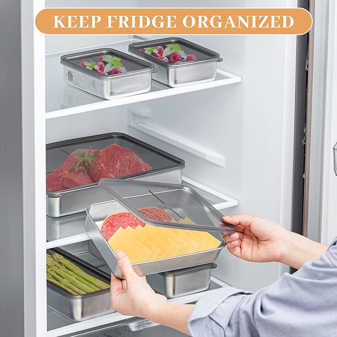 Hushee 9 Pack Bacon Cheese Container for Refrigerator, 304 Stainless Steel Airtight Deli Meat Container, Dishwasher Safe Fridge Storage Fruit Lunch Storage with Lids for Fridge, 4 Sizes
