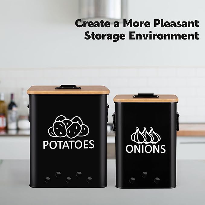 Potato and Onion Storage Bin, Set of 2 Vegetable Storage Tins with Wooden Lids & Side Handles, Dual-row Ventilation Holes, Farmhouse Metal Kitchen Canisters Sets, Black