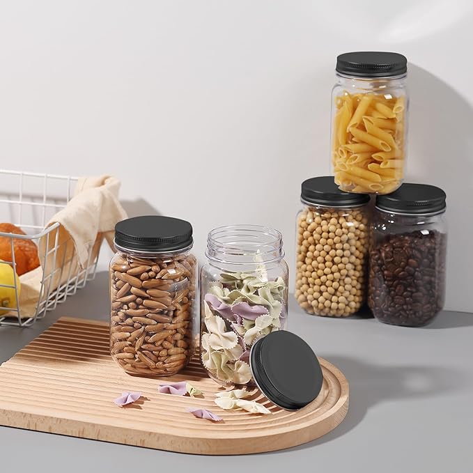 novelinks 16 oz Clear Plastic Jars with Lids, Refillable 16oz Mason Jars with Lids & Storage Containers for Kitchen & Household Use (15 Pack,Black)