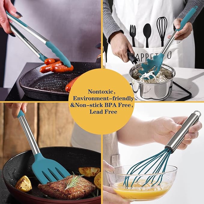 Silicone Cooking Utensil Set, Fungun Non-stick Kitchen 24 Pcs Cookware, Heat Resistant , Silicone Kitchen Tools Gift with Stainless Steel Handle (Blue-24pcs)