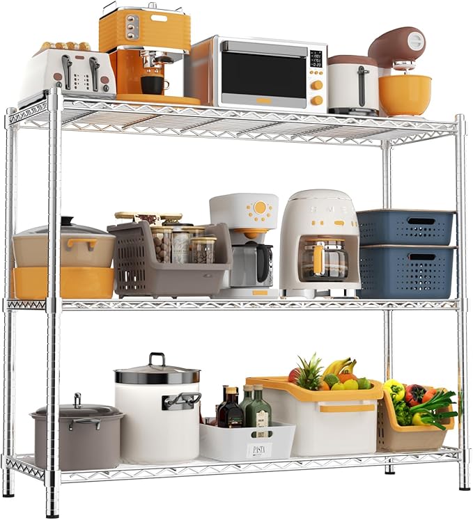 Storage Shelves Heavy Duty, 48" W x 20" D x 47" H Garage Wire Shelving Unit Loads 1200LBS, 3-Tier Adjustable Metal Industrial Utility Shelf Rack for Kitchen, Laundry Room, Pantry, Warehouse, Basement