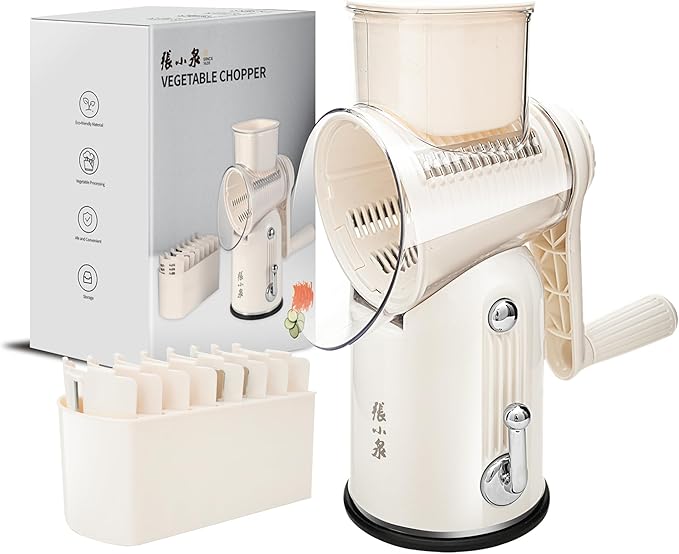 Rotary Cheese Grater Hand Crank with 5-in-1 Interchangeable Blades & Strong Suction Base Vegetables Shredder Manual Slicer for Kitchen, Cream
