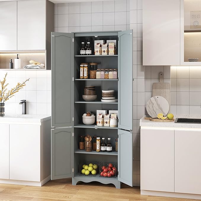 Yusong 72'' Tall Kitchen Pantry Cabinet, Freestanding Storage Cabinet with Doors and Shelves, Wooden Food Pantry Farmhouse Cupboard Buffet for Kitchen Dining Living Room, Gray
