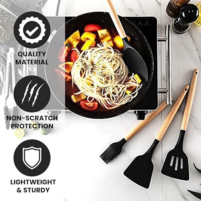 Silicone Cooking Utensils Set kitchen Utensils Set Wooden Handle Spoons Turner Brush Tong Soup Ladle Pasta Heat Resistant Non Stick Kitchen Utensils Heat Resistant Gadget Set With Holder BPA Free