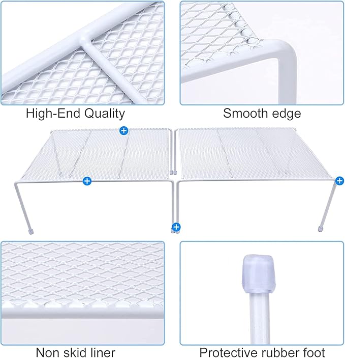 Set of 4 Mesh Kitchen Shelves Cabinet Storage Shelf Rack (13.1 x 10.2 Inch) ,Kitchen Bathroom Pantry Cupboard Desk Home Office, Fridge, Cabinet, Bathroom Cupboard, Non-Slip Plastic Feet (4, White)