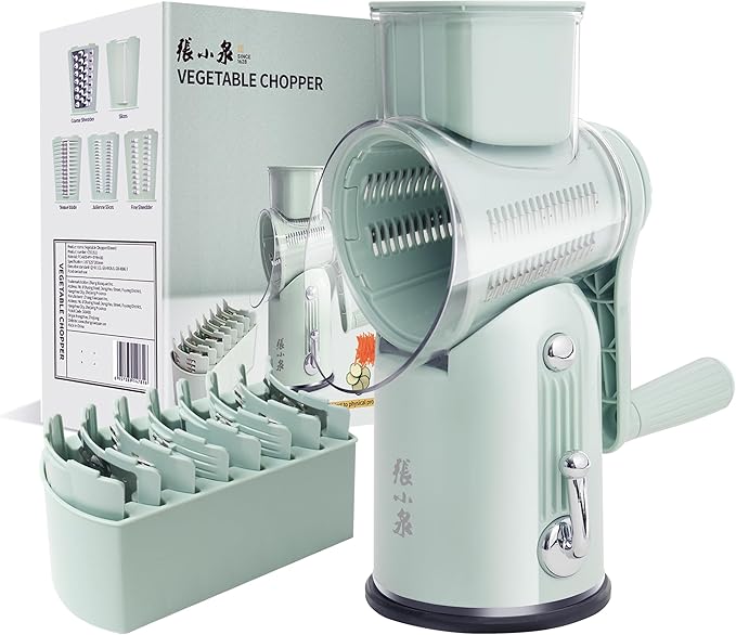 Rotary Cheese Grater Hand Crank with 5-in-1 Interchangeable Blades & Strong Suction Base Vegetables Shredder Manual Slicer for Kitchen, Green