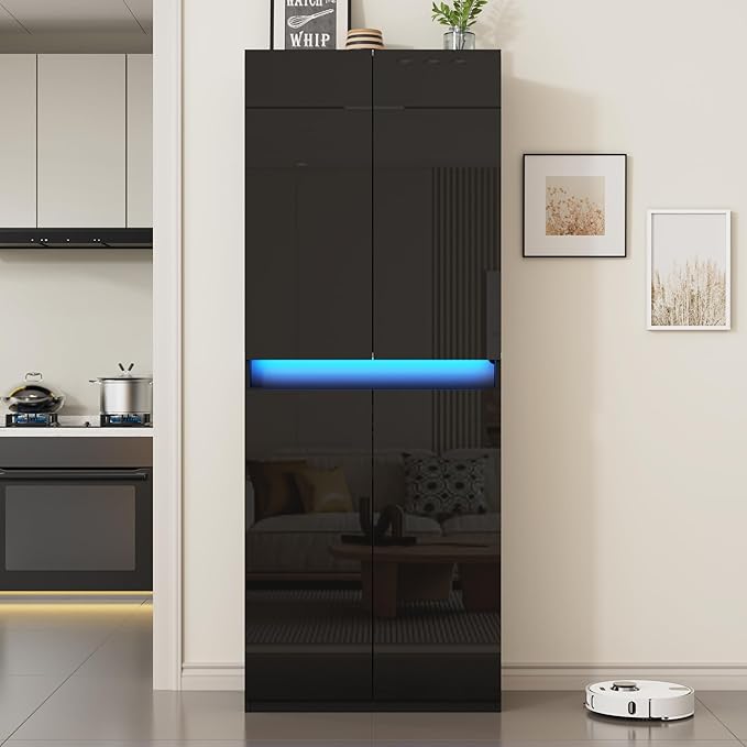 Furnify 71" Tall Pantry Storage Cabinet, Kitchen Pantry with High Gloss Doors, Modern Buffet Hutch Cabinet with Led Light and Adjustable Shelves for Dining Room, Living Room, Black