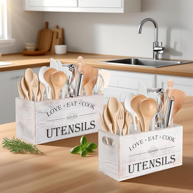 Natural Summertime 2 PC Wooden Utensil Holder,(With 4-Compartments size*1 + 3-Compartments size*1) Extra Large Kitchen Counter,Cooking Spatula Organizer,Farmhouse Decor, Rustic Cooking Utensil