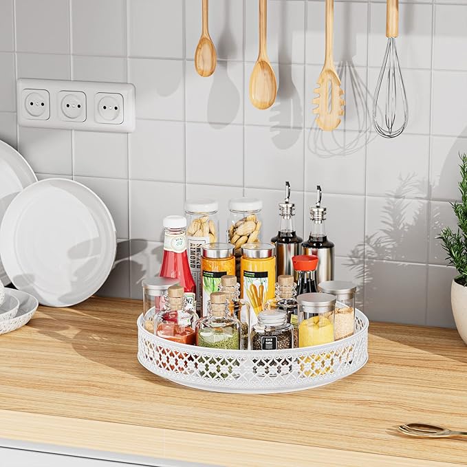Ovicar Lazy Susan Organizer Turntable - 11 inch Rotating Spice Rack Metal Lazy Susan for Cabinet Pantry Kitchen Countertop Dining Table Cupboard Bathroom Refrigerator Vanity (11 inch White)