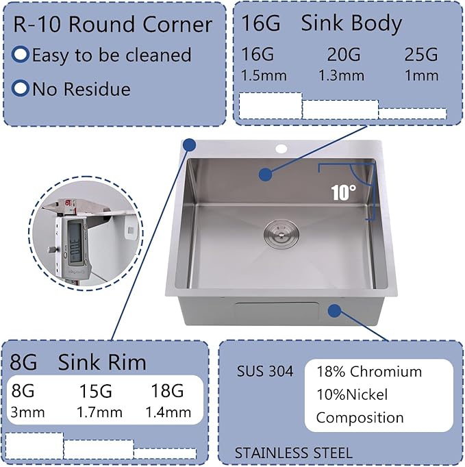 Drop In Kitchen Sink, 21x20 Inch Bar Sink Workstation Stainless Steel Outdoor Topmount Small Sinks, Single Bowl Kitchen Sinks for Laundry Office Wet Bar Prep RV Yard