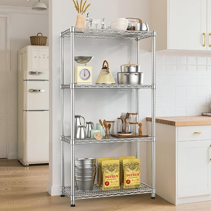 4- Shelf Metal Wire Shelving Unit Commercial Garage Storage Shelves Metal Shelf Adjustable Storage Rack Heavy Duty 2200 LBS rganizer for Pantry Laundry Bathroom Kitchen Closet Utility Room warehouse
