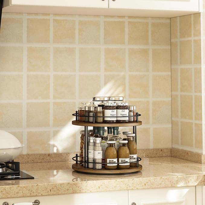 LIAISIMI 2 Tier Lazy Susan Organizer,2-Tier Spinning Spice Rack with Stable Carousel Base & 4 Height Settings for Cupboard Kitchen Countertop Dining Table Cupboard (Two-Ply(Round))