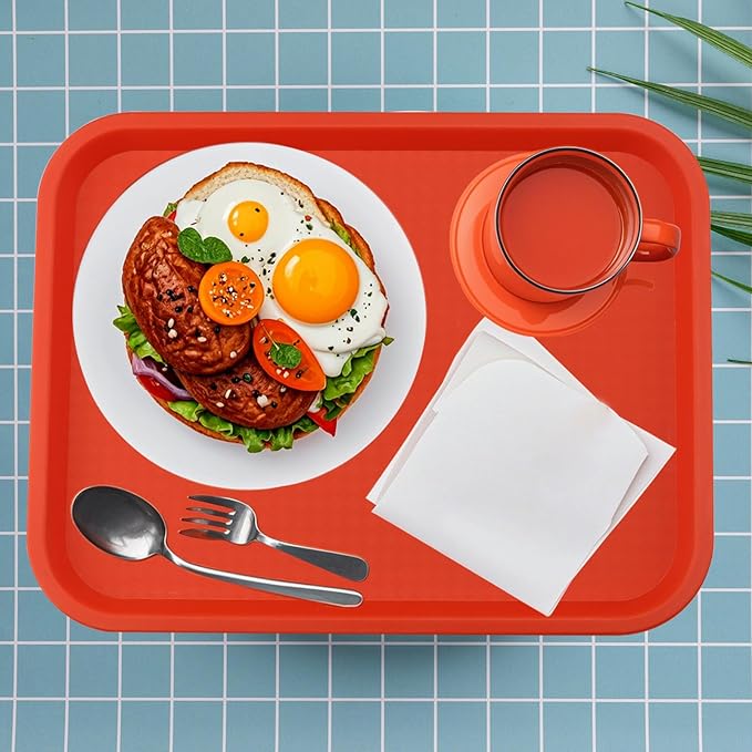 MAHIONG 15 Pack 14 x 10 Inch Orange Fast Food Tray, Large Rectangular Restaurant Serving Trays, Plastic Cafeteria Trays School Lunch Trays