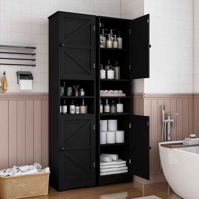 Viaozutis Tall Bathroom Storage Cabinet, Vertical Freestanding Organizer with Adjustable Shelf, Slim Design for Small Bathrooms, Towels & Toiletries Storage Black